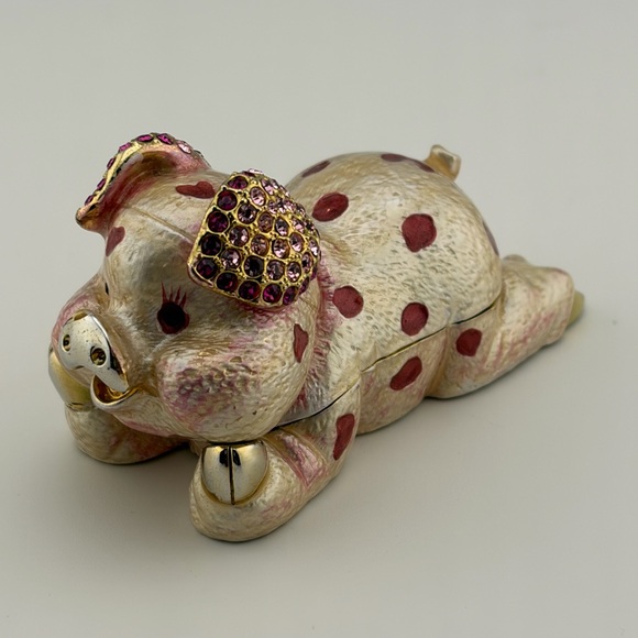 Vintage Gold Pink Enamel Rhinestone Pig Trinket Box - Picture 3 of 7